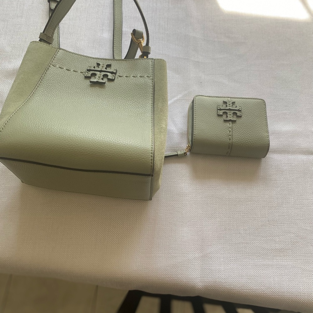 Tory Burch light green (Pine Frost) Crossbody Bag with matching wallet
